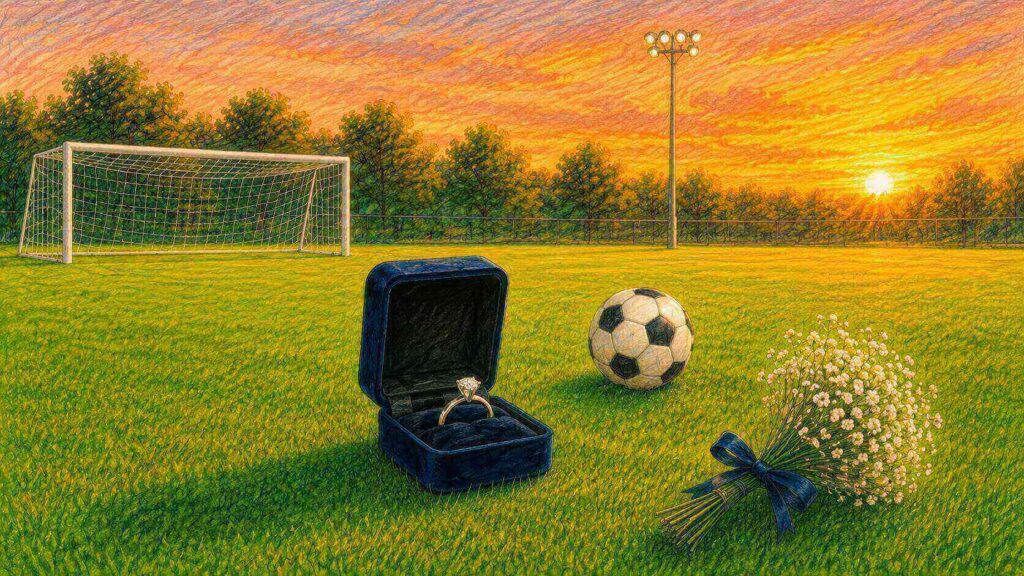夕焼けのサッカー場の芝生に、婚約指輪の入ったリングケースとサッカーボール、白い花束が置かれた色鉛筆風イラスト